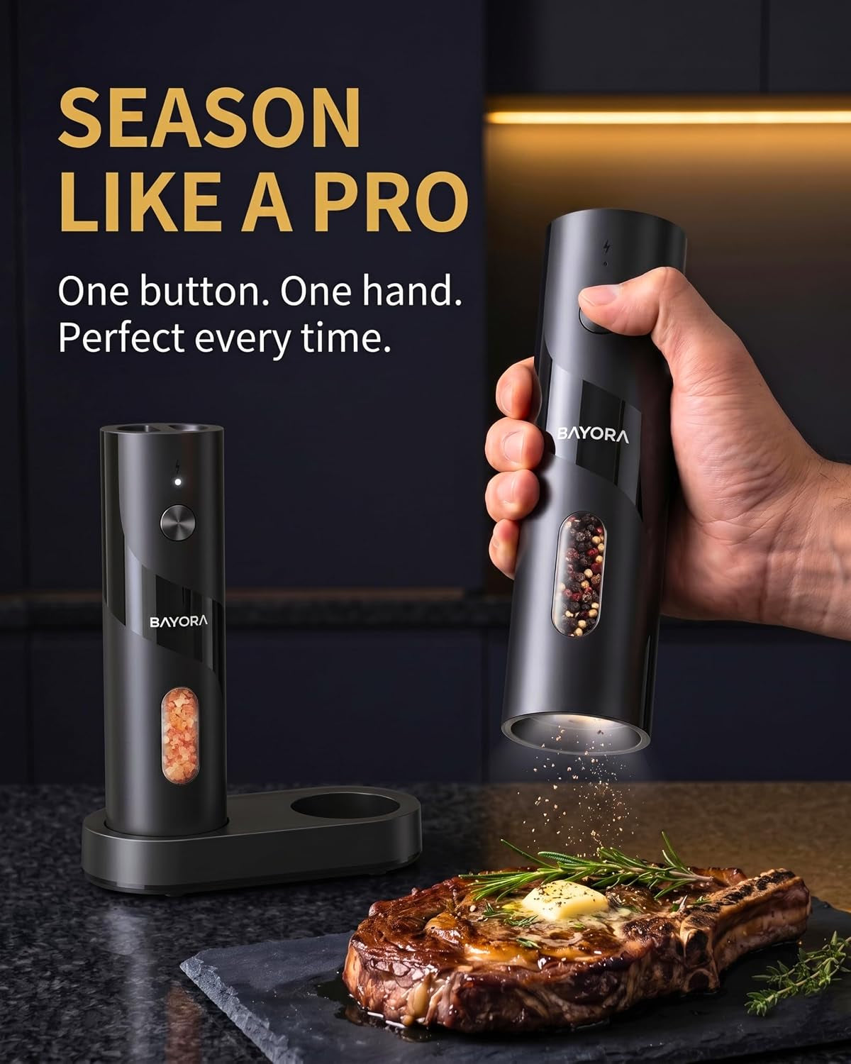 Rechargeable Electric Salt & Pepper Grinder Set, Charging Base, 2-Pk