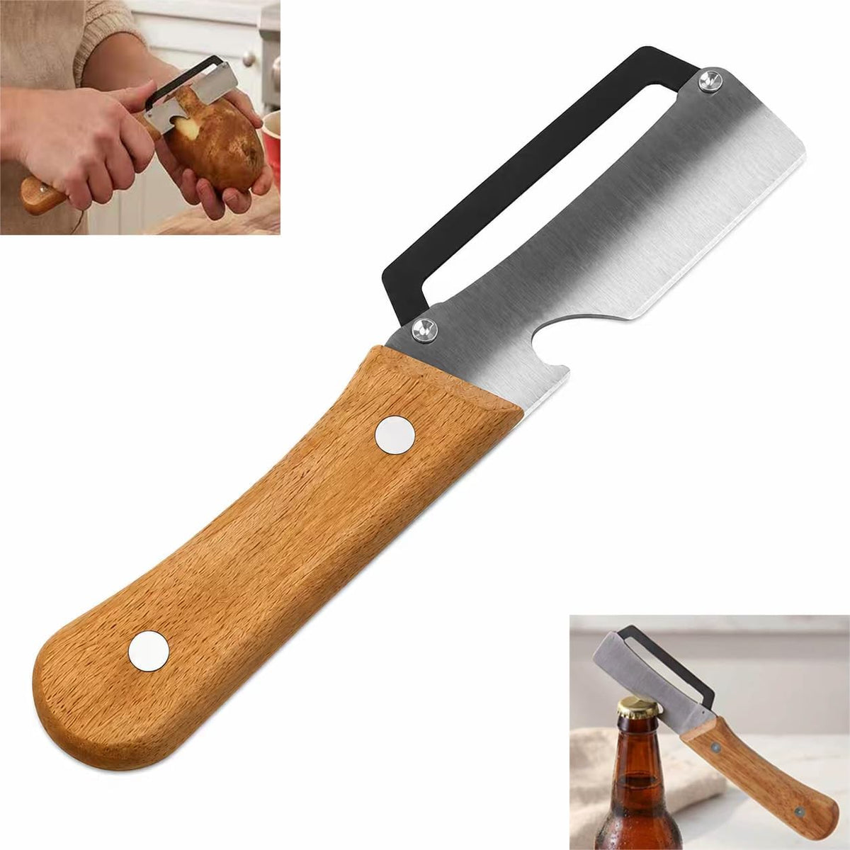 Stainless Steel Peeler with Wooden Handle & Bottle Opener