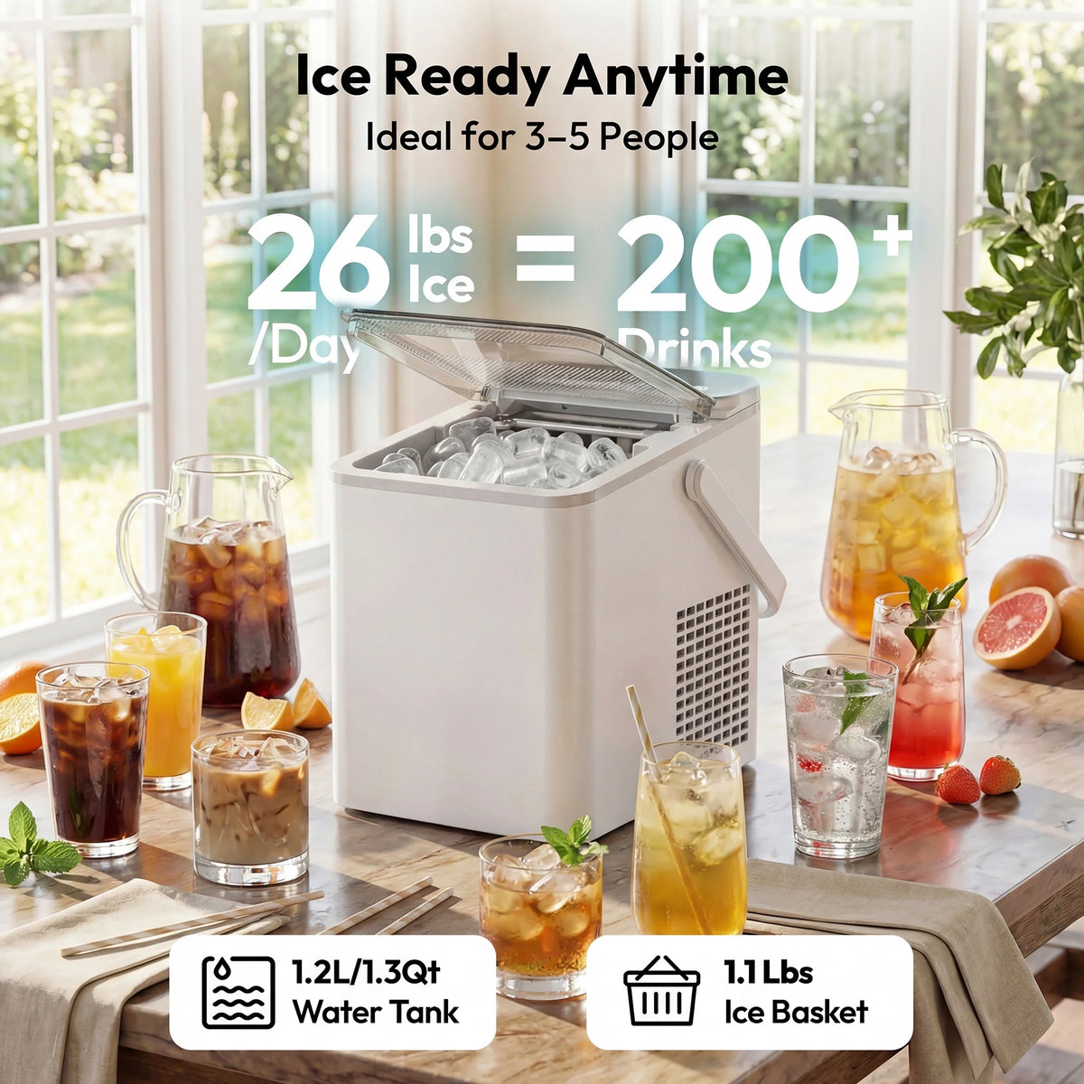 Portable Countertop Ice Maker, 26 Lbs/24H, Self-Cleaning, Bullet Ice, White