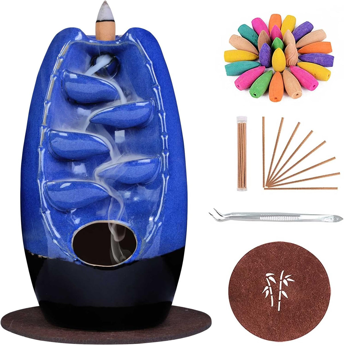 Ceramic Backflow Incense Holder Waterfall Incense Burner, Navy