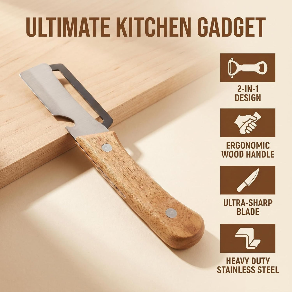 Stainless Steel Peeler with Wooden Handle & Bottle Opener