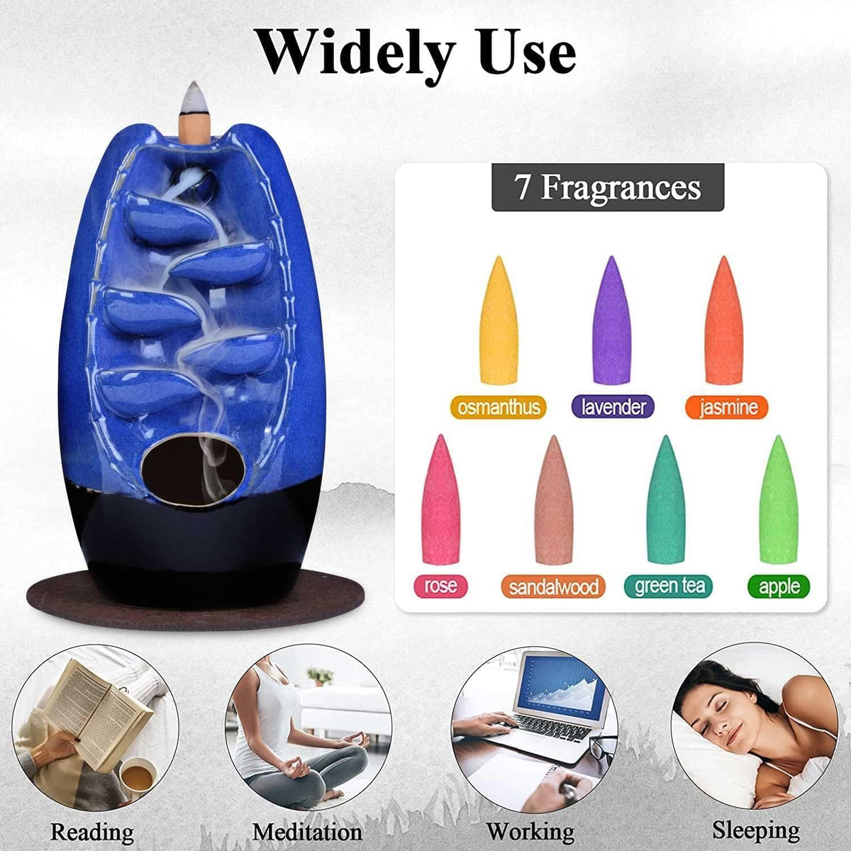 Ceramic Backflow Incense Holder Waterfall Incense Burner, Navy