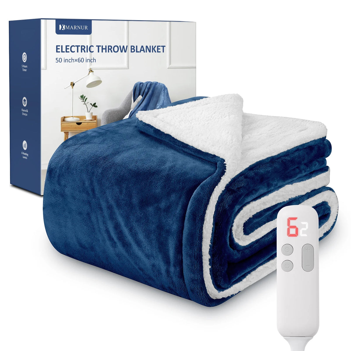 Electric Throw Blanket 50"X60" Flannel & Sherpa Heated Throw Blanket with 6 Heating Levels, 5 Hours Timer - Blue