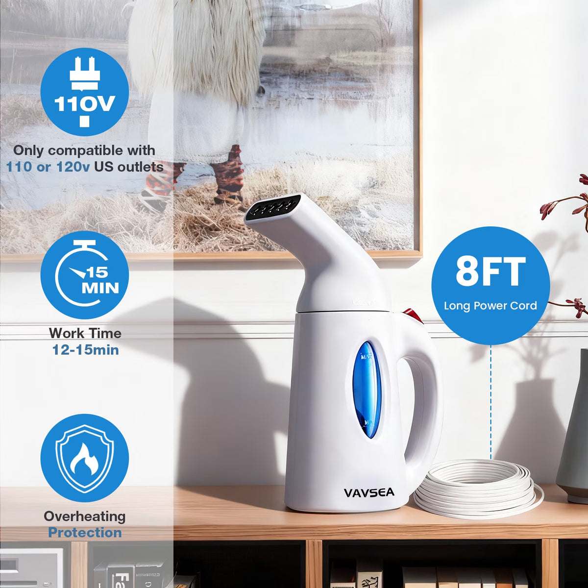 Steamer for Clothes, Portable Garment Steamer, Auto Shut-Off Function, Wrinkles/ Steam/ Soften/ Clean/ Sterilize, White