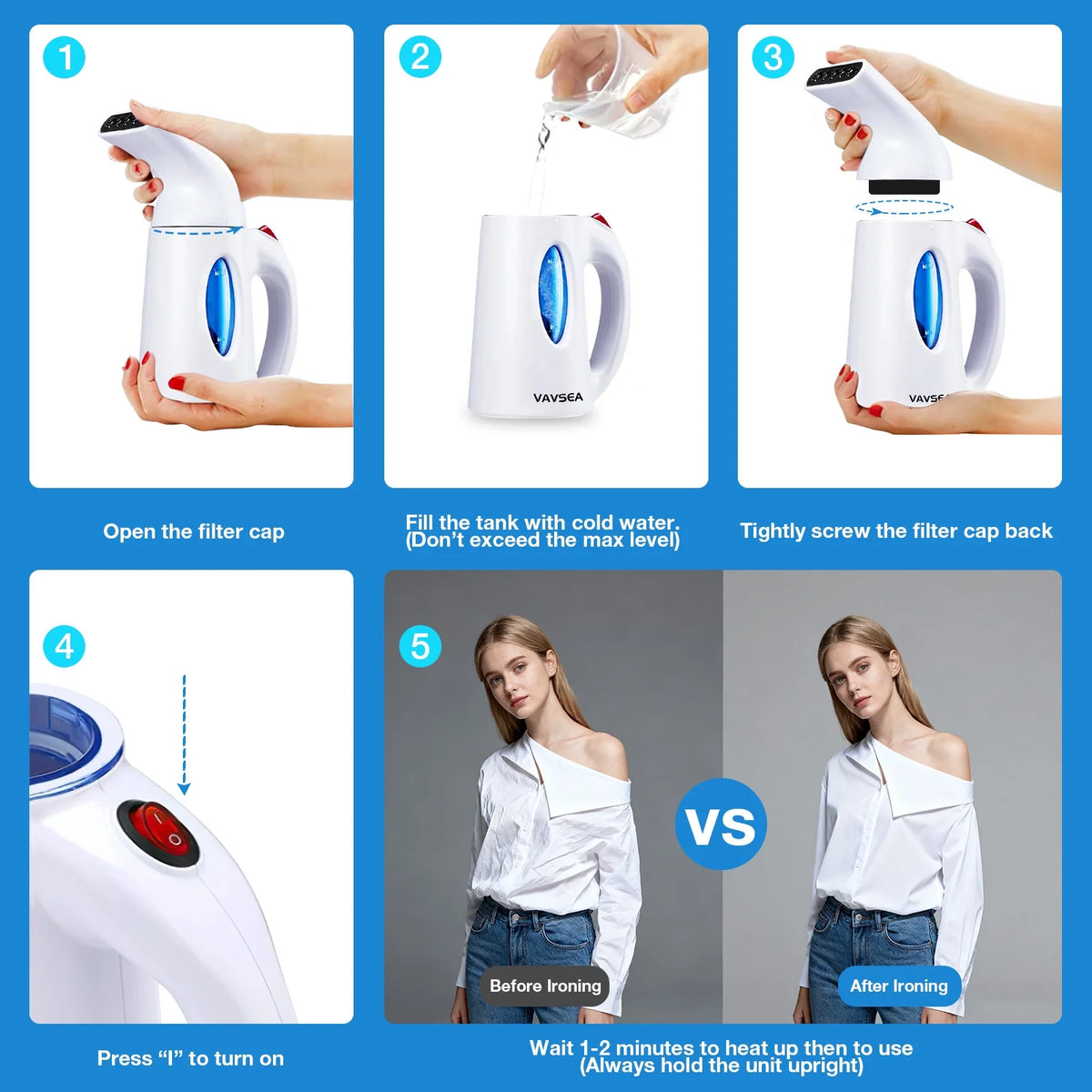 Steamer for Clothes, Portable Garment Steamer, Auto Shut-Off Function, Wrinkles/ Steam/ Soften/ Clean/ Sterilize, White