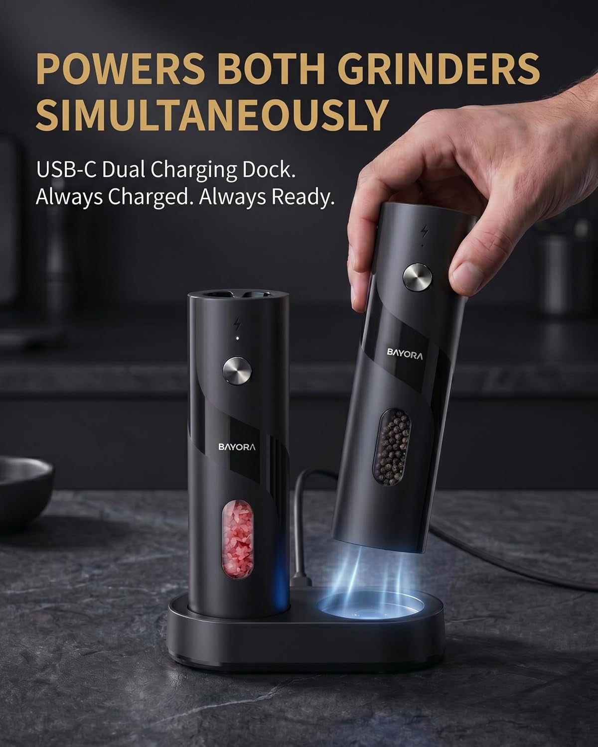 Rechargeable Electric Salt & Pepper Grinder Set, Charging Base, 2-Pk