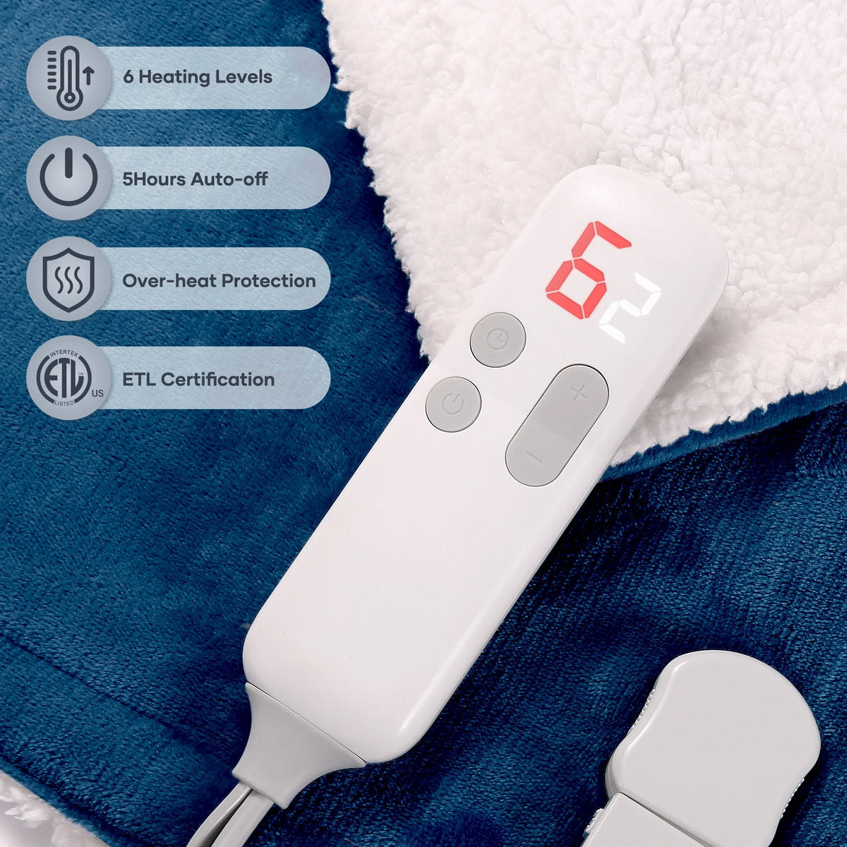 Electric Throw Blanket 50"X60" Flannel & Sherpa Heated Throw Blanket with 6 Heating Levels, 5 Hours Timer - Blue