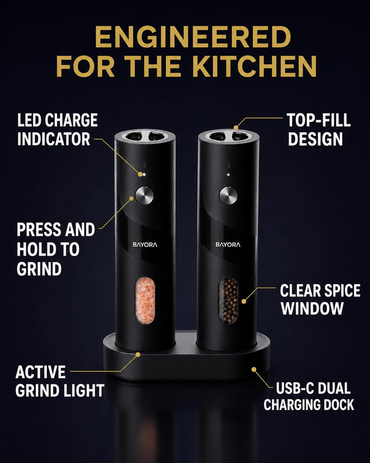 Rechargeable Electric Salt & Pepper Grinder Set, Charging Base, 2-Pk